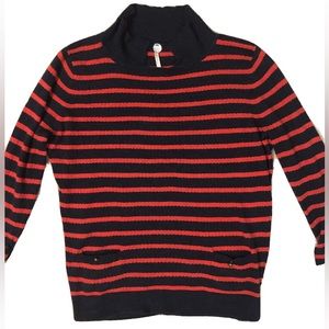 Margaret O’Leary Navy And Orange Striped Mock Neck Sweater.